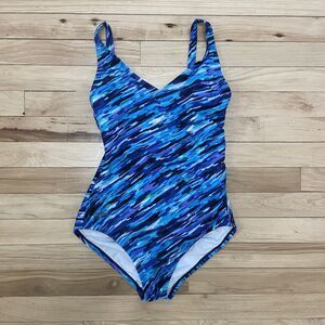 Speedo Swimsuit Womens Size 6 Blue Black Abstract One Piece Swim Ladies Beach